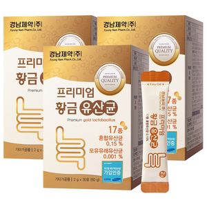 경남제약 프리미엄 황금 유산균 모유유래유산균 프롤린 락토바실러스 17종 혼합유산균 분말 가루 스틱 30포 x 5통, 3개, 60g