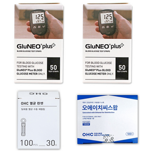 오상헬스케어 글루네오 플러스 혈당시험지 당뇨혈당체크지 세트 (혈당시험지 100매 + 채혈침 100개 + 알콜솜 100매) elevee, 1세트, 100개입