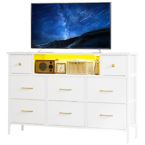 패브릭 3단 8문 모던 TV 수납장 LED 조명 포함, 화이트