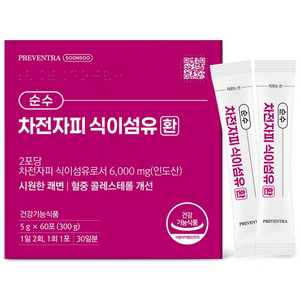 (핫딜/유통기한 27.04.16) 프리벤트라 순수 차전자피 식이섬유환 6000mg / 60포 건강기능식품 쾌변 장청소, 300g, 1개