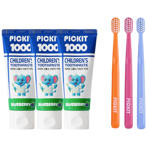 픽킷 1000 고불소 어린이 치약 블루베리 + 픽킷 저자극 유아 칫솔, 3개, 60ml