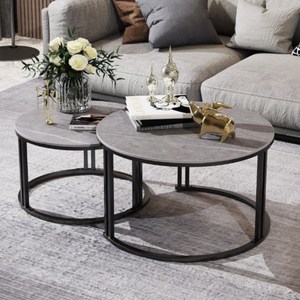 WISFOR 포세린 세라믹 대리석 마블 블랙 원형 거실 소파 테이블 700+570cm 세트, 그레이