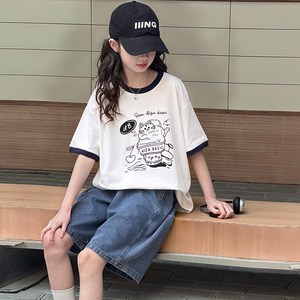 비비키드 여아 여름 초중생 고양이 일러스트 페인팅 상하복 세트 주니어 반팔티 상의+하의 초등생 데님 반바지 (63A16)
