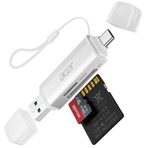 에이서 2-in-1 USB-A/USB-C 고속 카드 리더기 SD/microSD 동시 읽기/쓰기 5Gbps 초고속 전송 USB 3.0 고속 SD/TF 카드 리더기, 1개, 하얀색, UC202