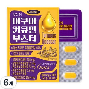 [웰스앤헬스] 비제닉스 아쿠아 커큐민 부스터 수용성 강황 퀘르세틴 코엔자임Q10 (800mg), 6박스, 30정
