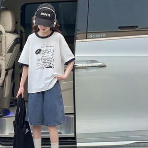 비비키드 여아 여름 초중생 고양이 일러스트 페인팅 상하복 세트 주니어 반팔티 상의+하의 초등생 데님 반바지 (63A16)