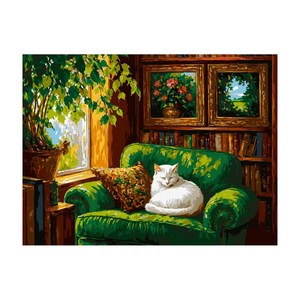 luntim DIY 명화그리기 유화 그림 그리기 선물 아크릴화 30x40 고양이 감성 힐링 그림, 초록 서재의 흰 고양이, 1개
