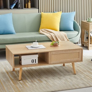 북유럽 화이트 서랍형 거실테이블 수납 소파테이블 모던 커피테이블 980*480*415 cm, [원목색] 슬라이딩 도어 티테이블