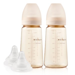 마더케이 베이직 PPSU 무꼭지 젖병 2p + 3단계 젖꼭지 2p, 크림, 280ml, 1세트