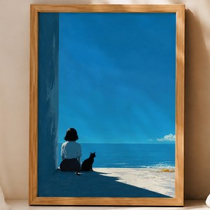 [도쿄나이트] 북유럽 감성 고양이 그림 8종 액자 나무 프레임 인테리어 포스터 거실 침실 장식, 5번 푸른 바다, 너와 나