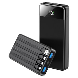 UOOFON 일체형 보조배터리 고속충전 30000mAh 대용량 PD 22.5W QC3.0 잔량표시+ 4개 케이블 멀티단자, 블랙, N6
