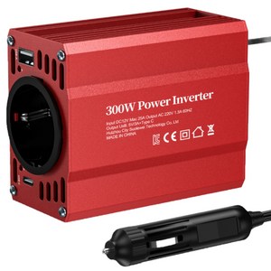 차량용 300W 인버터 휴대용 캠핑 전원 KC인증 USB C타입 지원, 레드, 1개