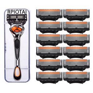 RPIOTAI 5중 블랙 질레트 면도날 프로글라이드 퓨전 호환 날카로운 남자 면도기, 1세트, 면도날 12개입+스윙면도기1개