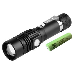 휴대용 LED 미니손전등 밝기 조절 18650충전식 배터리 세트, 1개, 블랙