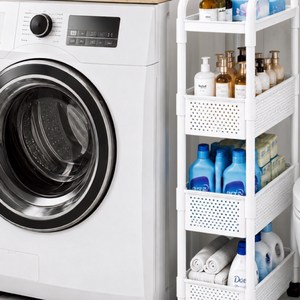 링고링고 세탁실 슬라이딩 틈새수납장 냉장고 주방 트롤리, 화이트, 4단