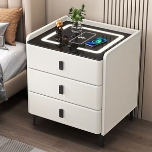 스마트 침대협탁 3단 서랍 수납장 무선충전 LED 조명 충전포트 침실 사이드테이블, 1개, 아이보리