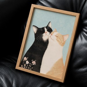 [도쿄나이트] 북유럽 감성 고양이 그림 8종 액자 나무 프레임 인테리어 포스터 거실 침실 장식, 6번 사랑을 닮은 두 고양이