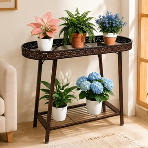 UNHO 80cm 빈티지 철제 2단 화분 선반 엔틱 브론즈 플랜트 스탠드, 브라운