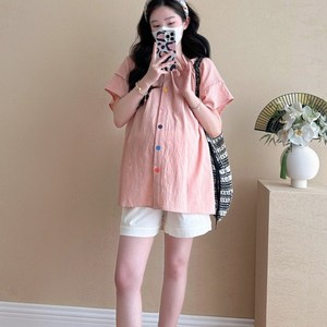 에쥬아 여름 셔링셔츠 라운드넥 배색단추 셔츠 빅사이즈 임산부 상의