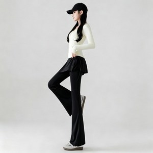 IDEAER 1+1 여성 하이웨스트 나팔 요가 바지 부츠컷 레깅스 스판 스트링 힙커버 치마
