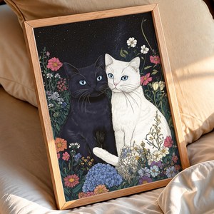 [도쿄나이트] 북유럽 감성 고양이 그림 8종 액자 나무 프레임 인테리어 포스터 거실 침실 장식, 7번 별밤의 고양이 정원