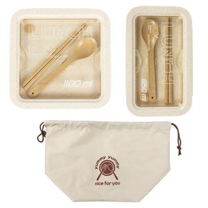 퓨어미즈키 누구나 런치박스 전자레인지 도시락통 1100ml+850ml+수저세트+도시락가방, 아이보리, 1세트