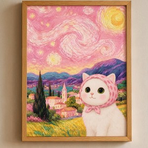 [도쿄나이트] 북유럽 감성 고양이 그림 8종 액자 나무 프레임 인테리어 포스터 거실 침실 장식, 2번 핑크 별밤, 꿈꾸는 고양이