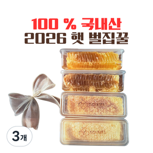 [솔미엘]국내산 벌집꿀 200g이상 요거트토핑 아이스크림토핑 벌꿀집 천연밀랍 건강식 저속노화, 3개, 200g