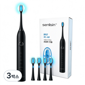 Senlisin XC-A8 음파전동칫솔 치아미백 6가지 진동모드 IPX7 완전방수 Type-C 충전식 성인용 전동칫솔 부드러운 듀폰칫솔모, 3박스, 블랙, ZD-A8
