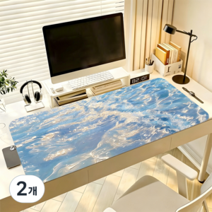 푸른 바닷물 사무용 게이밍 마우스 패드 300X800X3MM, 2개, 유화의 푸른 금빛 물결 무늬