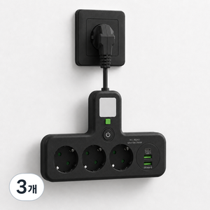 1PD+2USB T탭 멀티탭 콘센트 야간 무드등 안전도어 탑재, 3개, 블랙-3구, 5cm