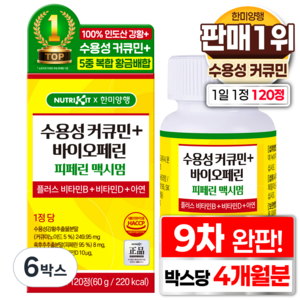 한미양행 수용성 커큐민 피페린 100% 바이오페린 맥시멈 플러스 비타민B 비타민D 아연 흑후추 SAT 인도산 강황 추출물 영양제 뉴트리킷 고함량 커큐민 1000, 6박스, 120회분