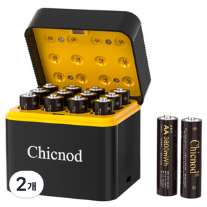 Chicnod 1.5V AA 충전식 배터리 3800mWh +스마트 충전기 12칸 리튬이온 건전지 12P 세트 KC인증 완료 어린이 장난감 자동차 리모컨 호환, 2개
