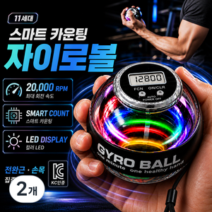 [KC인증] 11세대 스마트 카운팅 자이로볼 20000rpm 전완근 손목 강화 운동기구 LED, 2개, 투명
