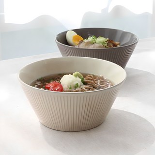 ssueim 線條壓紋陶瓷麵碗, 奶油色+摩卡色, 2個