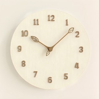 木質樹葉造型指針靜音壁掛鐘, 自然白