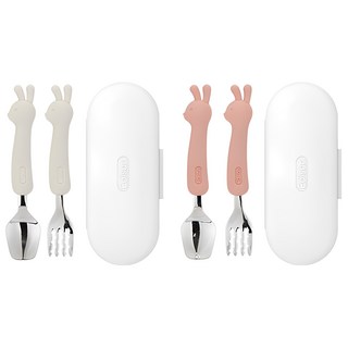 에디슨 실리콘 유아 스푼포크케이스 세트 베이비, 토끼핑크 + 토끼크림, 스푼 + 포크 + 케이스, 1세트