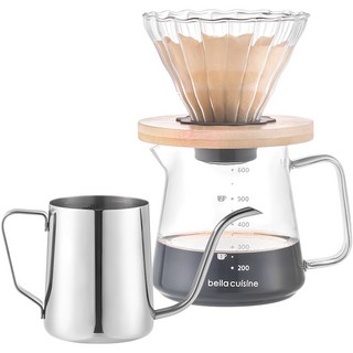 벨라쿠진 홈카페 핸드드립 커피 3종 세트, 1세트, 우드 받침대 + 유리 드리퍼 + 커피 서버 + 드립포트