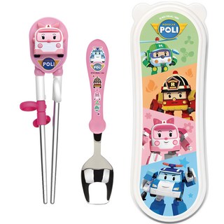 Edison 孩童用救援小英雄波力簡易不鏽鋼餐具組, 粉色, 湯匙+學習筷+收納盒, 1組