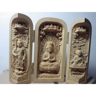 精品隨身三合一黃楊木佛龕 大日如來三尊木雕佛像, 米色, 1個