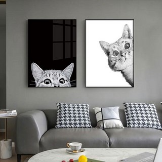 EVA 台灣出貨 黑白萌貓裝飾畫 創意動物豎版小尺寸鋁框無框畫 掛畫 擺畫 可愛有趣 治愈系 背景墻裝飾框畫 藝術壁畫, 無框
