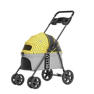 BELLO 網頂折疊寵物推車 黃色款 寵物外出推車 透氣舒適 折疊收納方便, 黃色