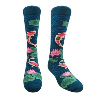 【HB】荷花鯉魚 荷花 蓮花 鯉魚 錦鯉 國畫 古風 台灣製造 襪 襪子 男襪 女襪 中筒襪 小腿襪 藝術襪 長襪