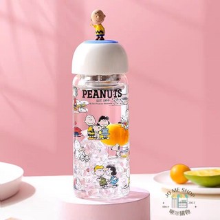 PEANUTS 史努比公仔玻璃杯 380ml 高硼矽耐熱防漏水瓶 附304不鏽鋼茶漏, 查理380ml, 1個