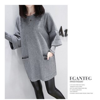 韓版寬鬆拼接假兩件式中長版長袖上衣