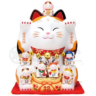 藥師窯 36cm 錦彩七福神招財貓 陶器吉祥物，千客萬來金運來福，居家招財擺飾