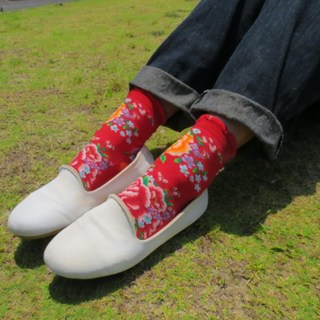 【台灣製造】現貨 客家花布 紅款 花布 客家布 牡丹花 台灣花布 花仔布 襪子 襪 女襪 綿襪 腳踝襪 短襪 緹花襪