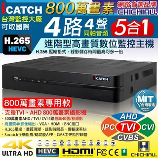 CHICHIAU H.265 4路4聲 AHD TVI CVI 8MP 5MP台製iCATCH數位高清遠端監控錄影主機