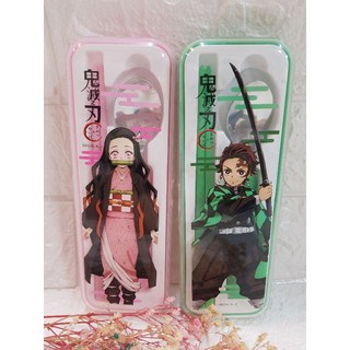 正版鬼滅之刃餐具組含筷子湯匙，兒童便攜餐具組，卡通可愛設計，安全材質製造, 彌豆子,見說明, 筷子、湯匙