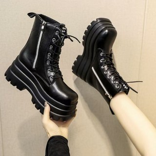 增高馬丁靴女 側拉鏈 黑色增高7cm 厚底不累腳短靴